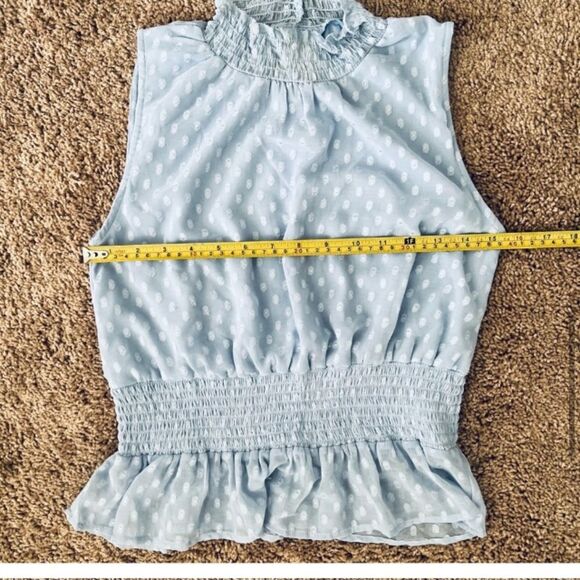 Japna sleeveless Smocked Mock Neck blouse Sheer Light Blue Medium - Picture 7 of 11